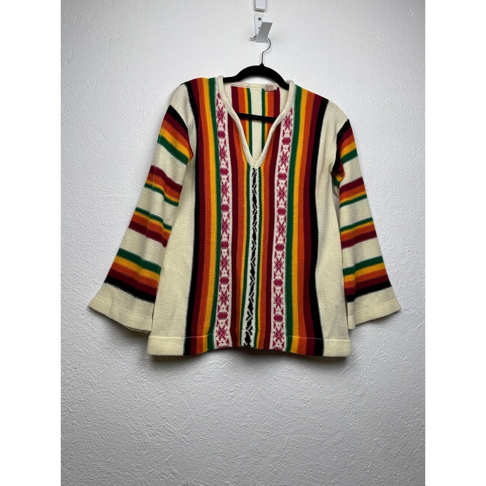 Skiva Int. Multicolor Striped Sweater - L - Vintage V-Neck Knit Boho Retro 70s